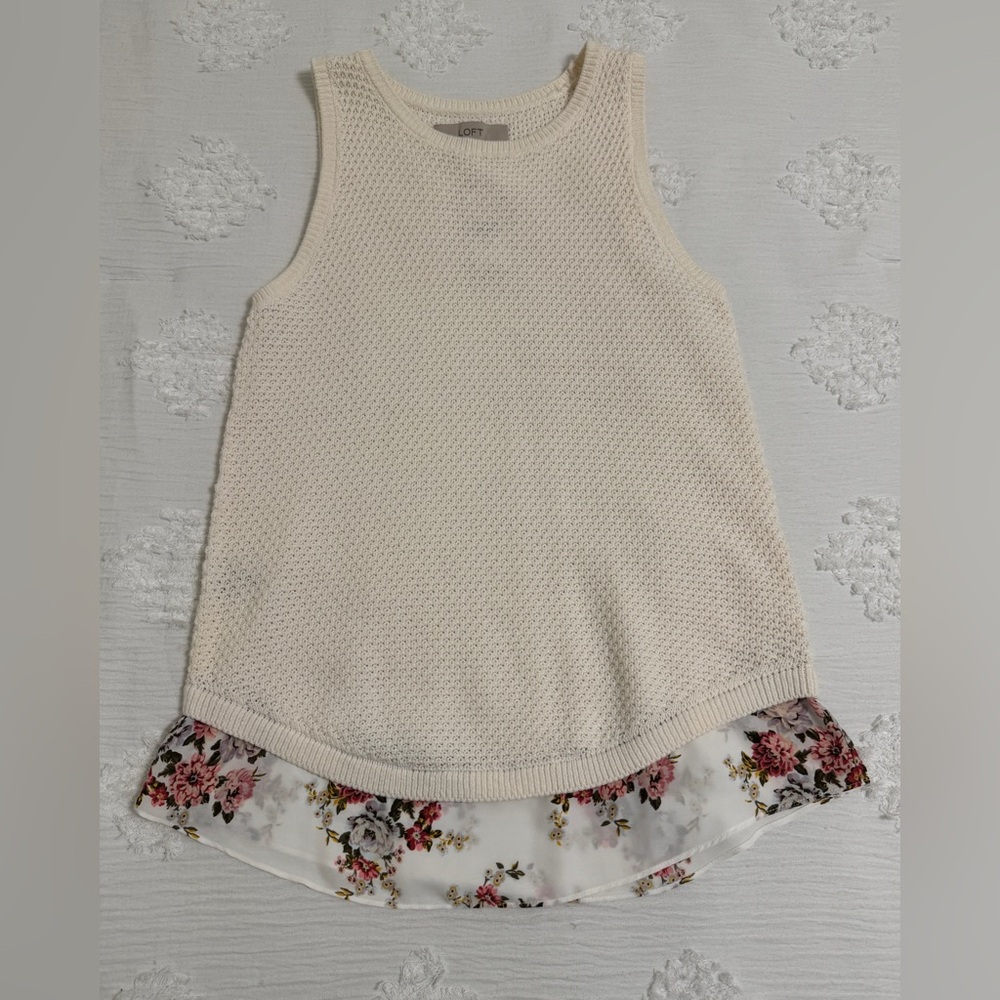 LOFT Cream Textured Knit Top with Florals